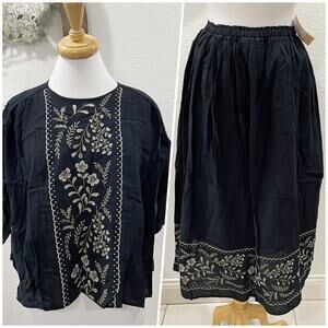 NWT Samansa Mos2 Embroidered Linen Blend Peasant Blouse Maxi Skirt Set Black